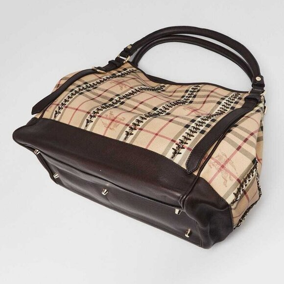 Burberry Brown Leather Haymarket Check Coated Canvas Chain Lawrence Tote Bag - Picture 2 of 11